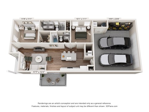3D floor plan of the Cottage layout at Mural Lewis Center, a modern 2-bedroom single-family home for rent in Lewis Center, Ohio.